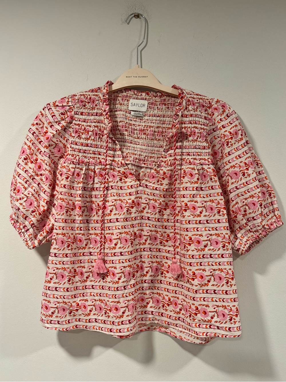 Saylor Davina Pink Block Print Smocked Tassel Top M
